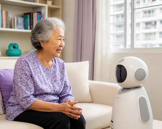 An older Singaporean woman speaking with a compact companion robot in the bright living room of her HDB flat