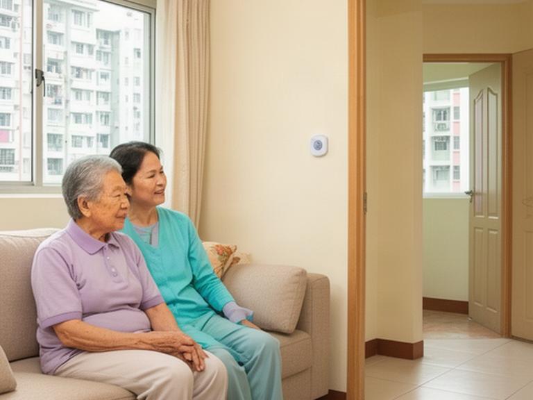 Senior sitting beside a family member in a bright Singapore HDB living room with a small discreet motion sensor mounted near the doorway