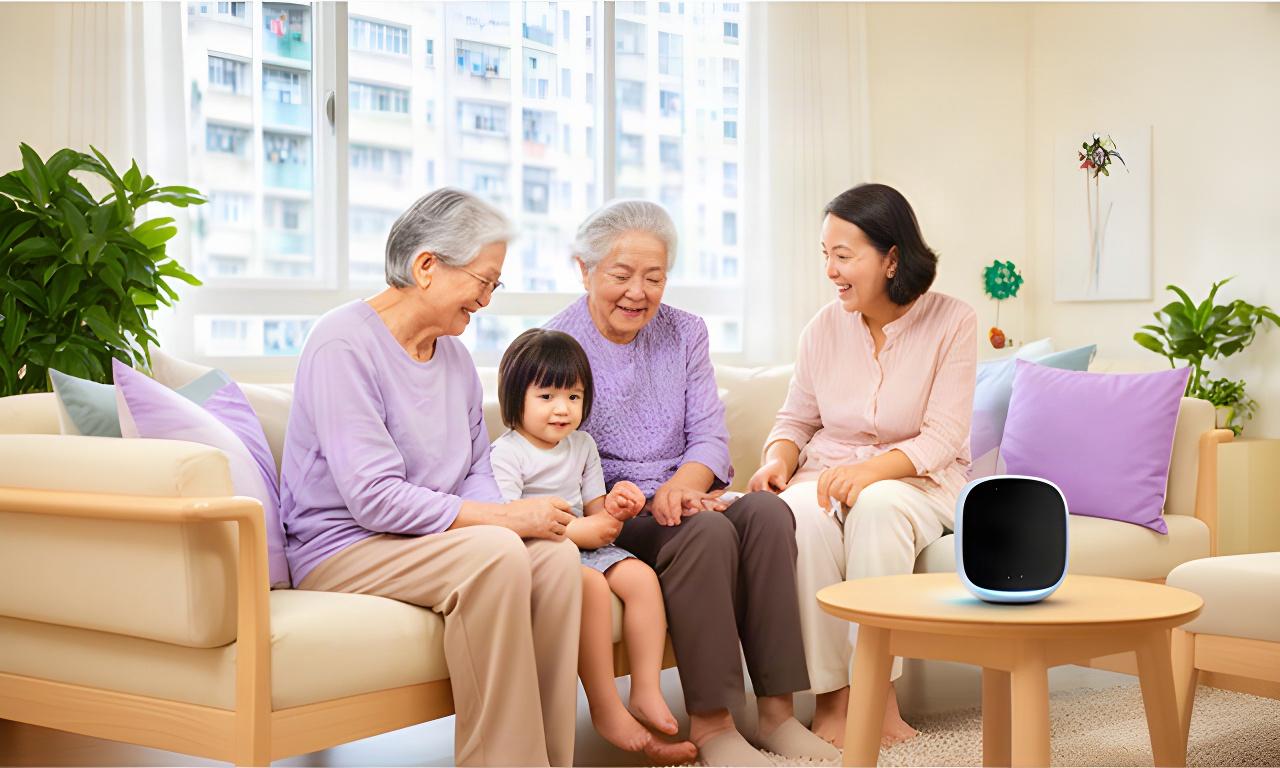 Three-generation Singapore family sharing a bright HDB living room with a compact home assistant on a side table
