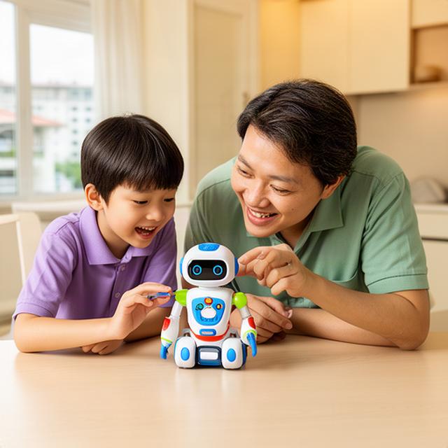 A parent and school-age child exploring a small educational robot at a dining table in a Singapore home