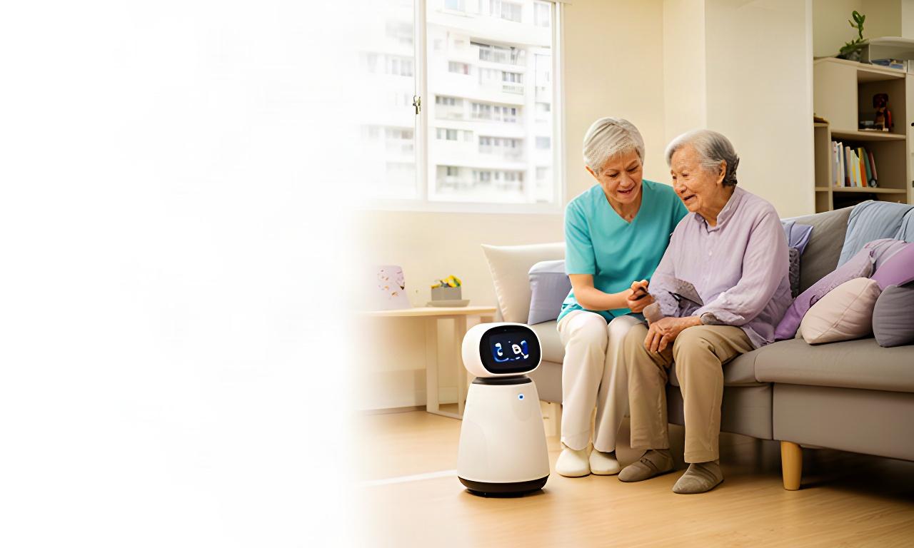 Family caregiver and older resident reviewing a compact home robot beside a clear walkway in a Singapore HDB living room