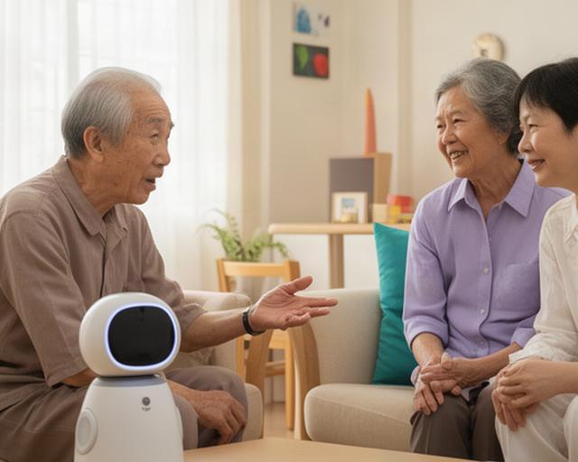 An older man in a Singapore HDB living room speaking with a family member while a companion robot sits nearby