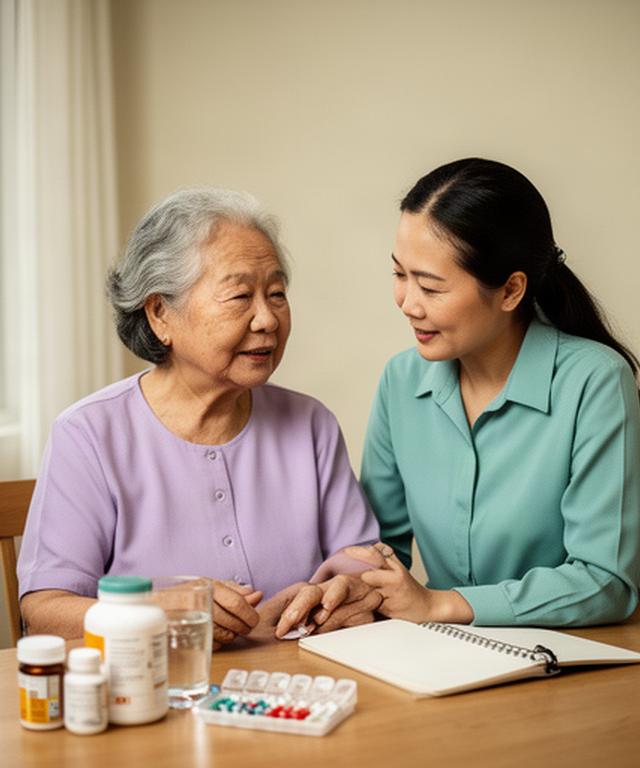 An older Singaporean woman reviewing a home medication routine with her adult daughter at a dining table