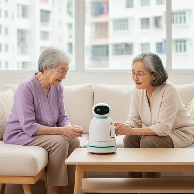 A senior and adult daughter reviewing a compact home assistant beside a sofa in a bright Singapore flat